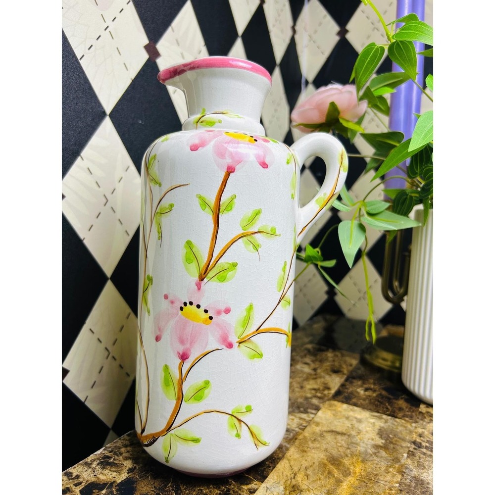 Hand Painted Floral Ceramic Pitcher Signed Martan Robalo 11" Pitcher Bud Vase - Picture 5 of 9